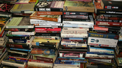 Photo of large stacks of books