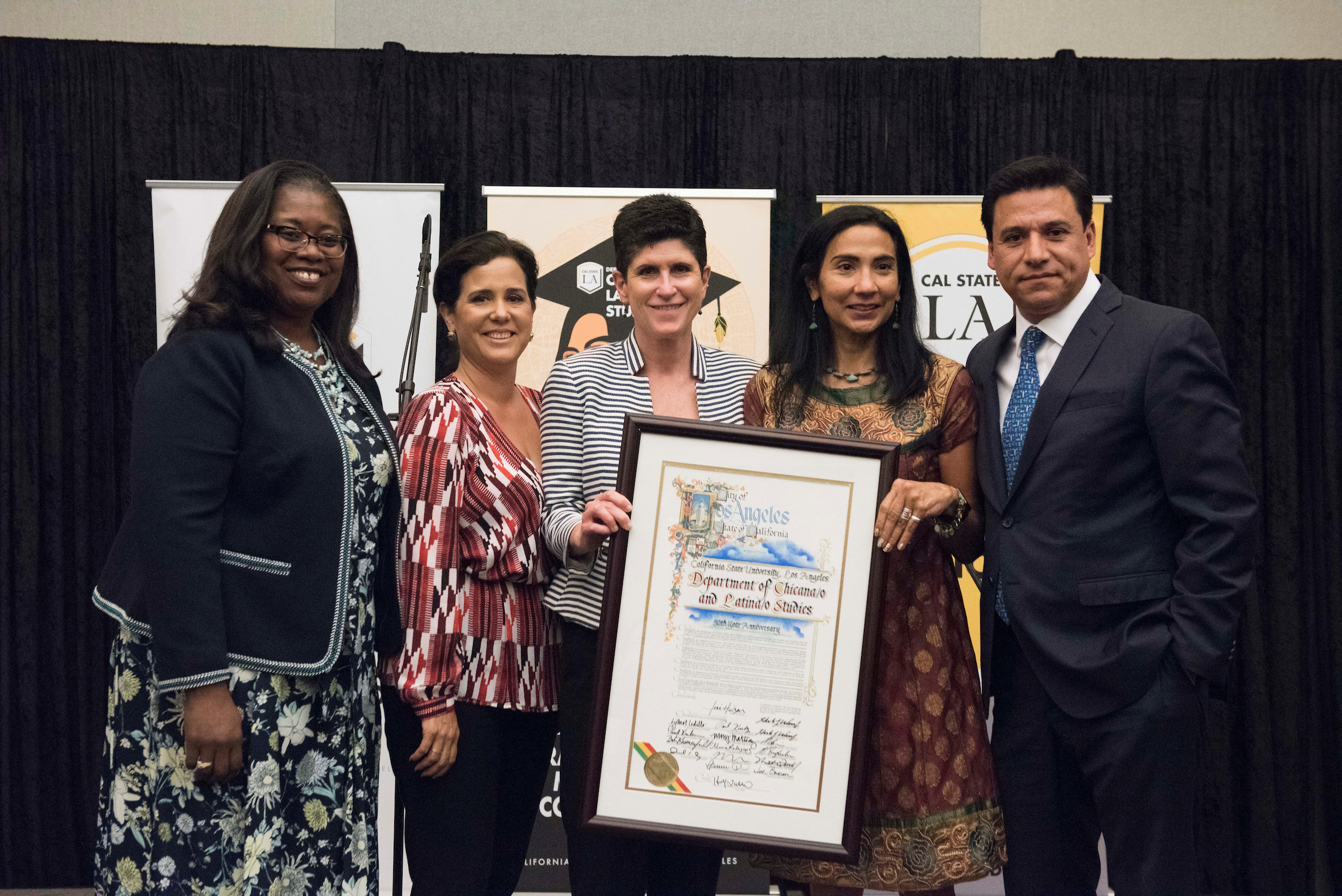 College of Natural and Social Sciences Dean Pamela Scott-Johnson, Commissioner Richelle Huizar, Provost and Vice President for Academic Affairs Lynn Mahoney, Deptartment of Chicana(o) and Latina(o) Studies Chair Dolores Delgado Bernal, and L.A. City Counc