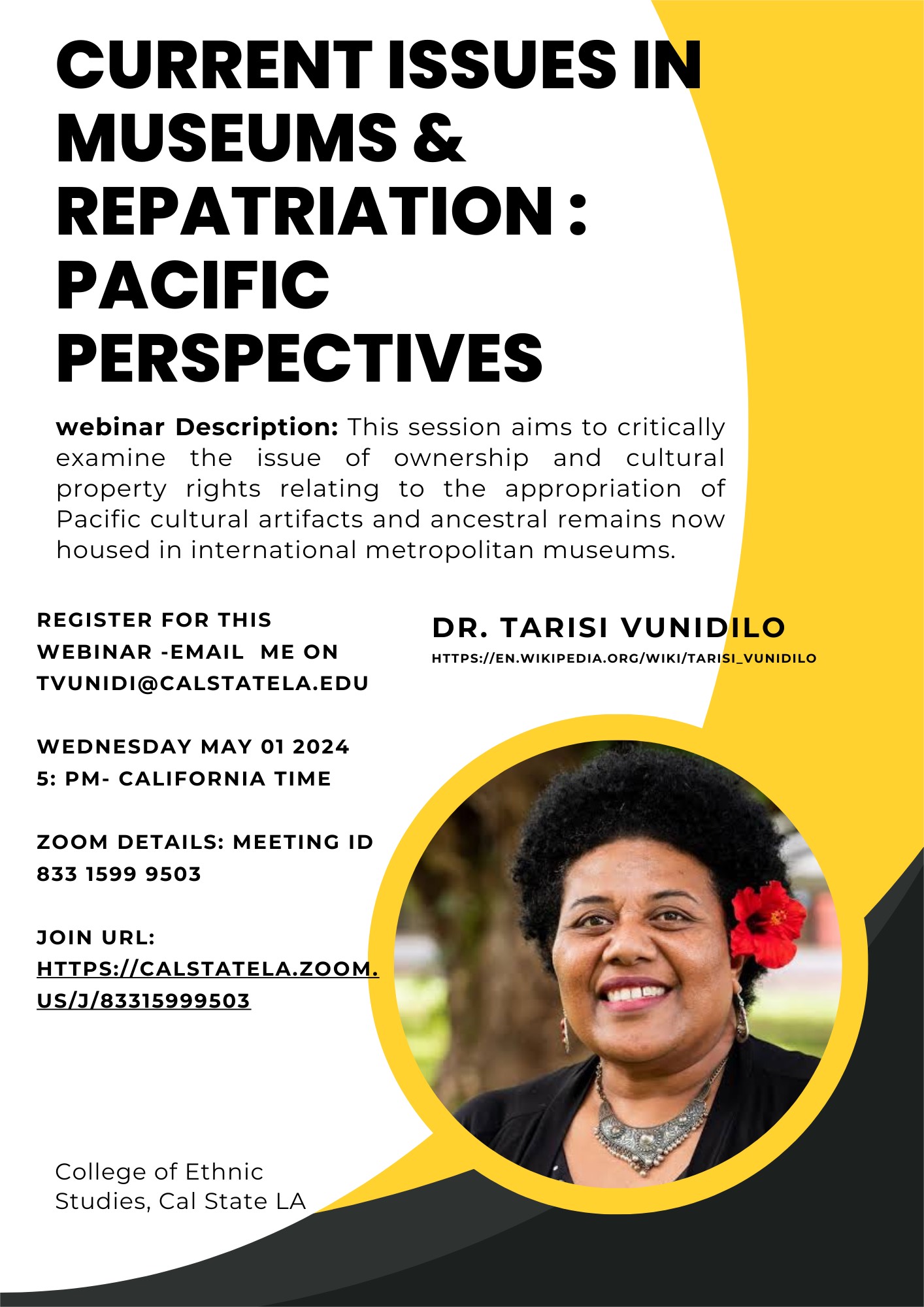 Flyer for webinar - Current Issues in Museums & Repatriation: Pacific Perspectives