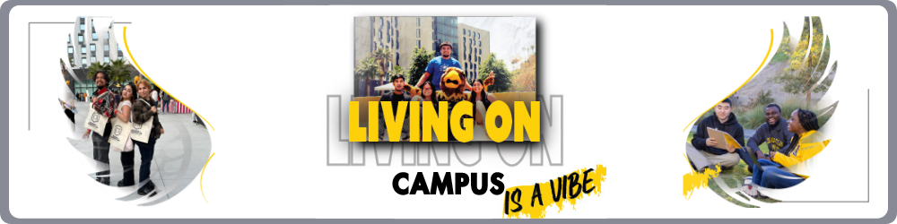 Living on campus is a vibe. Students in front of Cal State LA South Village Housing. Students picnicking in front of South Village. Cal State LA Division of Student Life Housing and Residence Life.