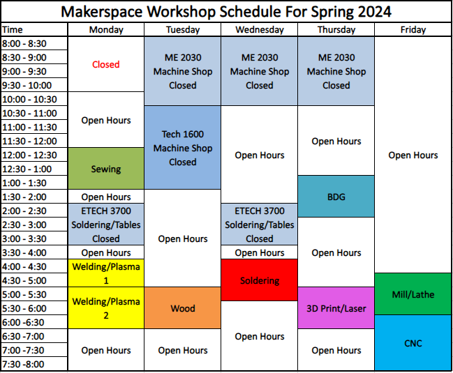 MakerSpace Workshop Schedule for Spring 2024