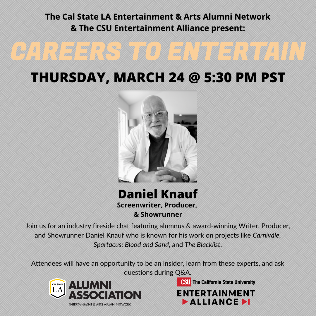 A grey background with two headshots for Daniel Knauf for event in orange text "Careers to Entertain" and black descriptive text. Event details in body of email. Lower third: white text on dark grey background with more event details. Two logos at bottom: