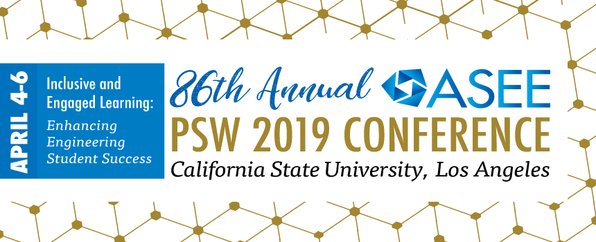 ASEE PSW 2019 conference name, date, slogan with gold graphic boarder and blue accents.
