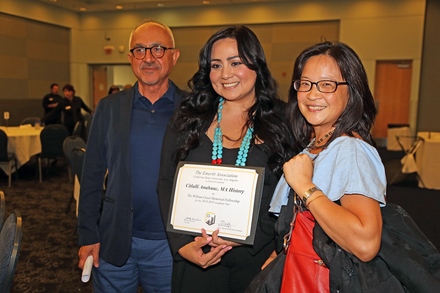 Citalli Anahuac, MA in history recipient award with two professors