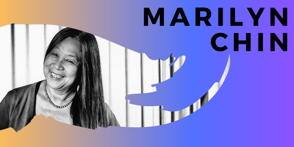 Marilyn Chin event announcement banner, candid photo of Marulyn