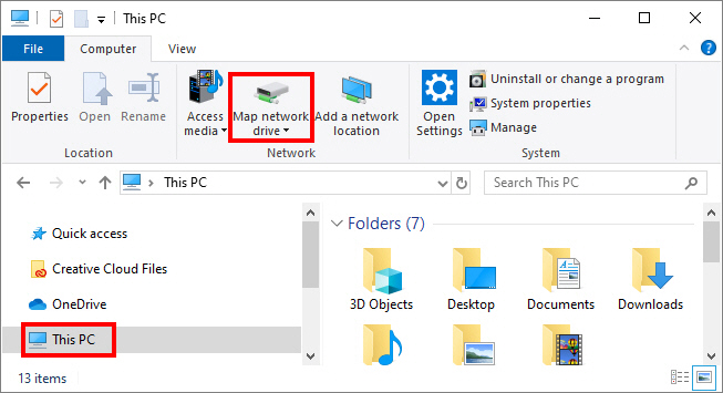 In File Explorer, select Map network drive from the ribbon or right-click This PC in the left pane