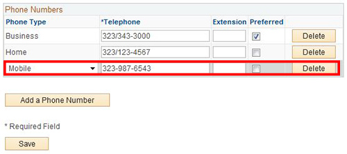 Screenshot of where to add your mobile number
