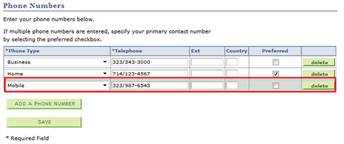 Screenshot of where to add your phone numbers