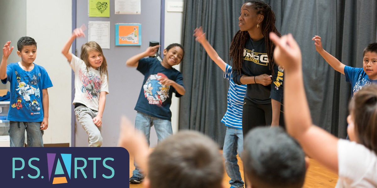 Instructor leading children in movement. P.S. Arts logo.