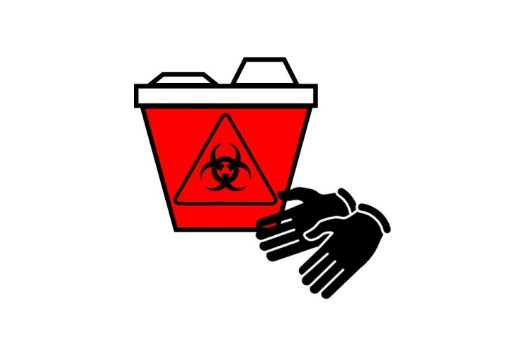 red biohazardous sharp containers with black disposable gloves