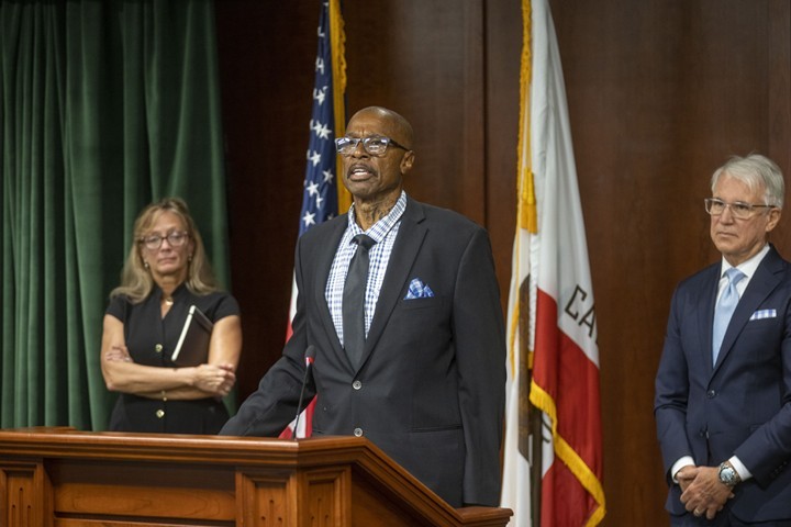 Maurice Hastings, who was freed from prison after serving 38 years for a wrongful conviction, speaks during a news conference at