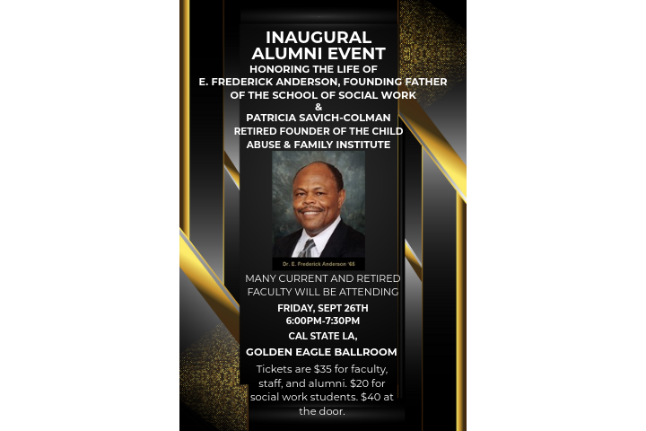 a multi-colored flyer informing viewers of the SSW Inaugural Alumni Event.