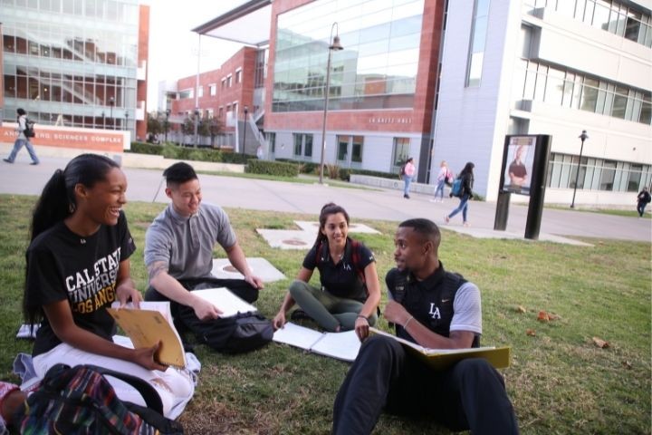 Two male students and two female students sitting on a lawn. Behind them are buildings with red brick