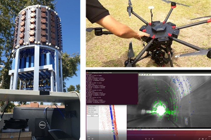 Three image collage. Left: A large tower with panels. Top right: a student project; a drone. Bottom right: Software screenshot h