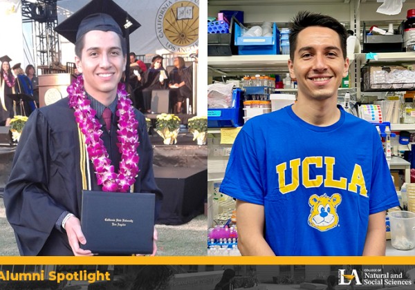 Dr. Antonio Tinoco Valencia at his Cal State LA graduation (left) and in a UCLA lab wearing a blue UCLA shirt (right).