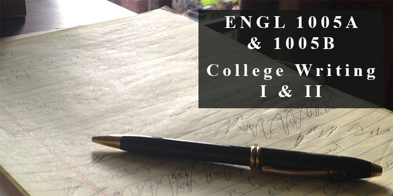 ENGL 1005A & 1005B Info banner, pen resting on used notepad