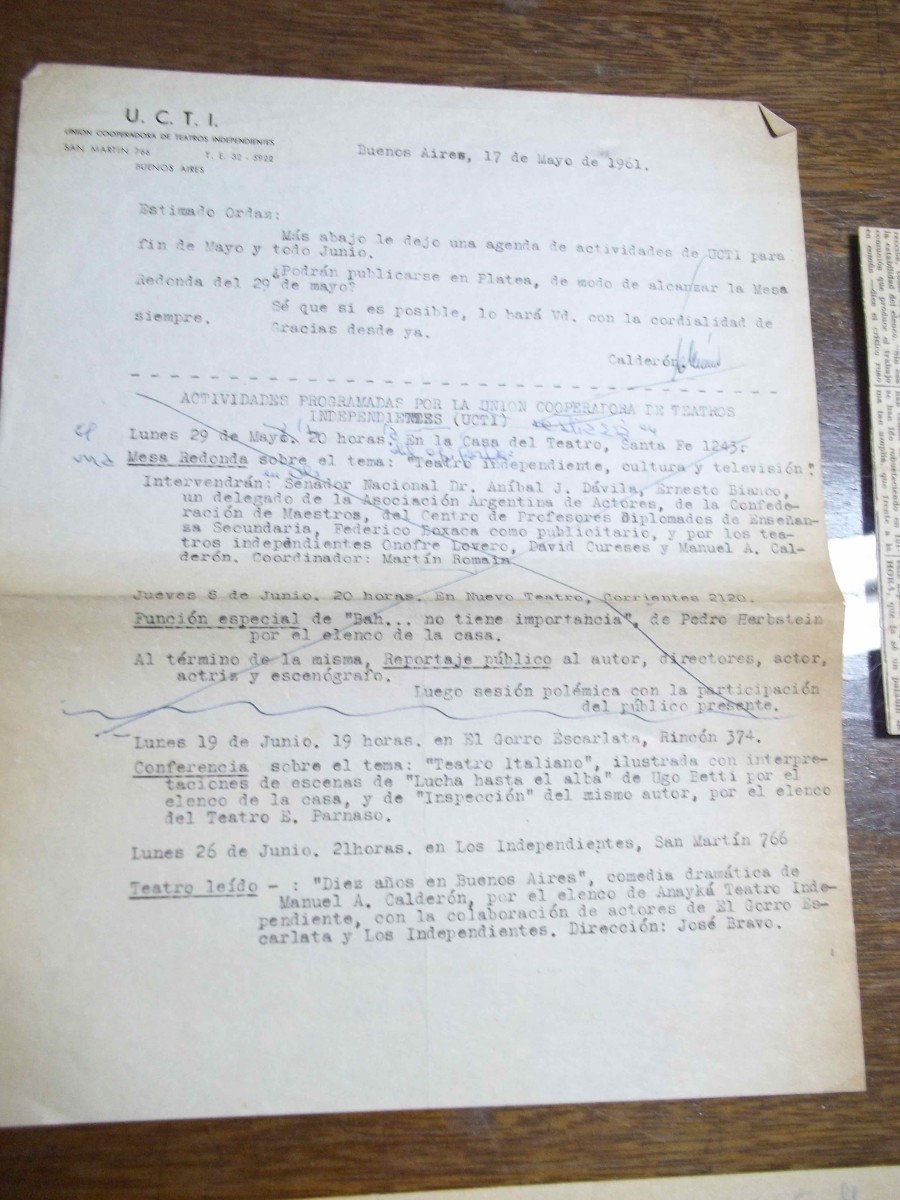 Carta a Luis Ordaz de la Unión Cooperadora de Teatros Independientes