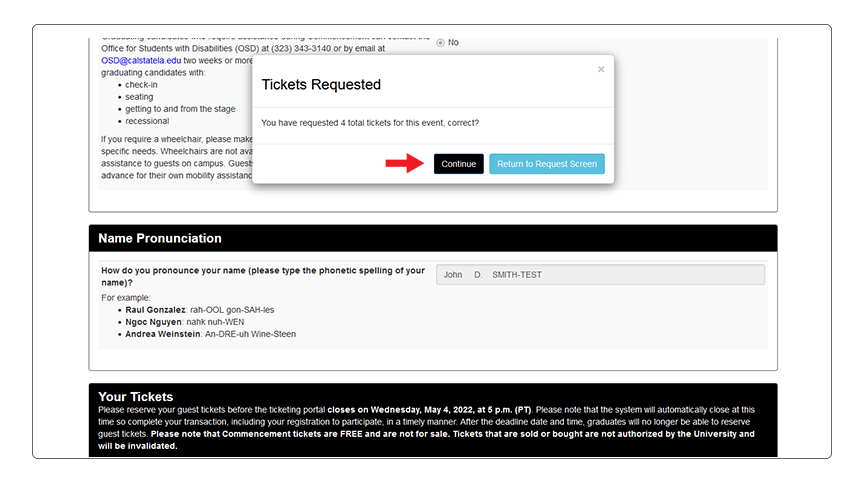 Screenshot of the MarchingOrder ticketing portal with a red arrow pointing to the continue button