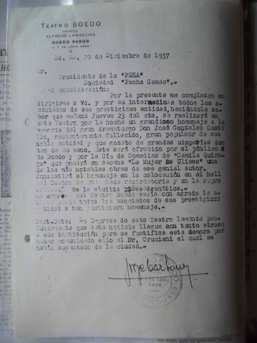 Carta al Presidente de la Peña Pacha Camac