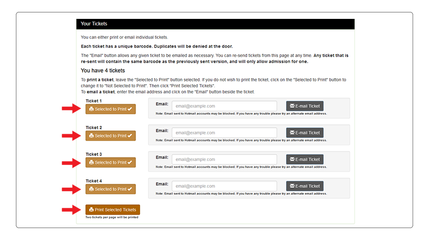 Screenshot of MarchingOrder ticketing portal with red arrows pointing to the Selected to Print buttons
