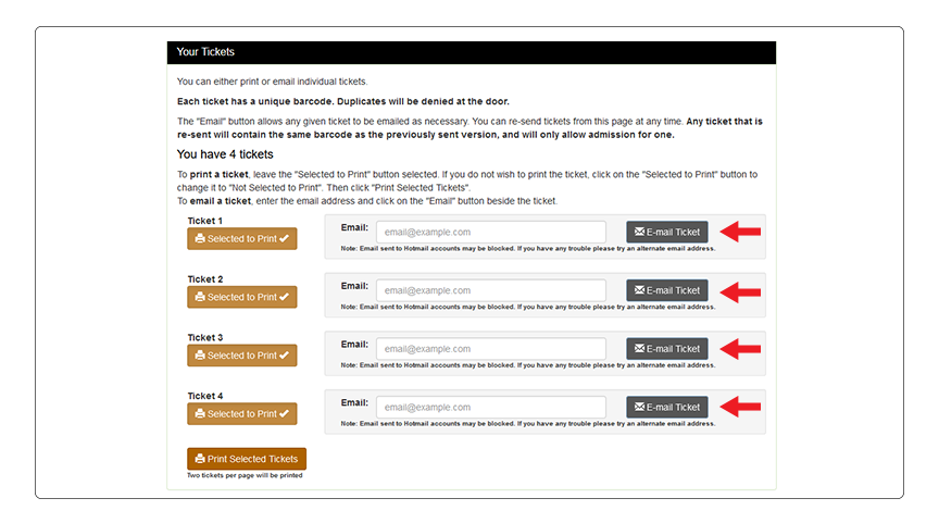 Screenshot of the MarchingOrder ticketing portal with red arrows showing the email section