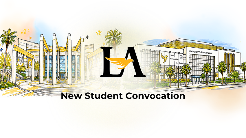 Cal State LA New Student Convocation. Exterior of campus buildings in the background.