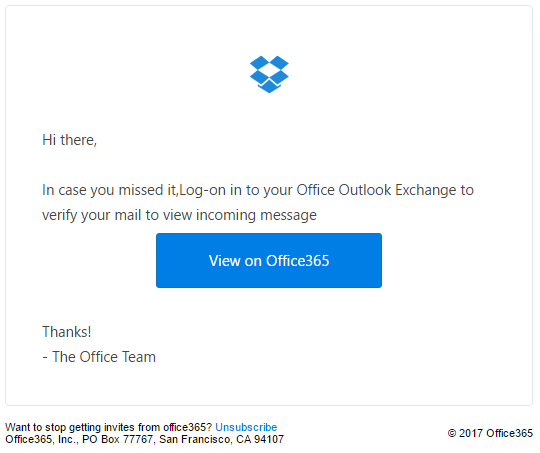phishing email message pretends to be from Office365