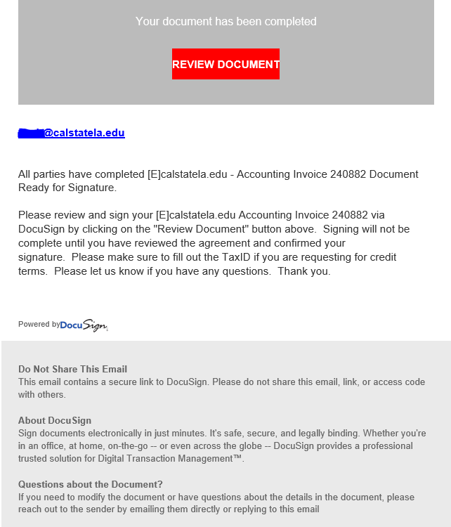 phishing email message pretends to be from DocuSign