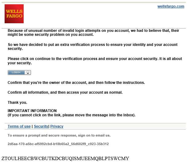 phishing email message pretends to be from Wells Fargo