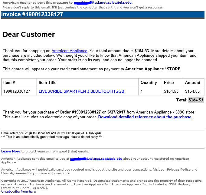 phishing email message looks like an order from American Appliance with link to download malicious file