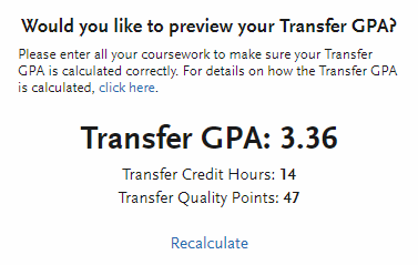 After clicking the button, your overall transfer GPA and completed units will be displayed.