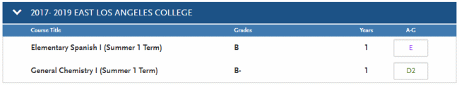 Assigning a through g categories to college courses taken for high school credit