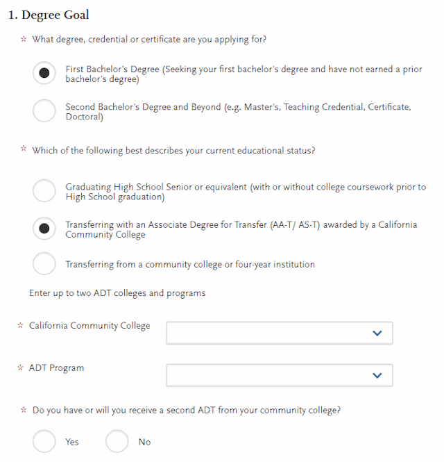 Cal State Apply extended profile degree goal question for A D T applicants