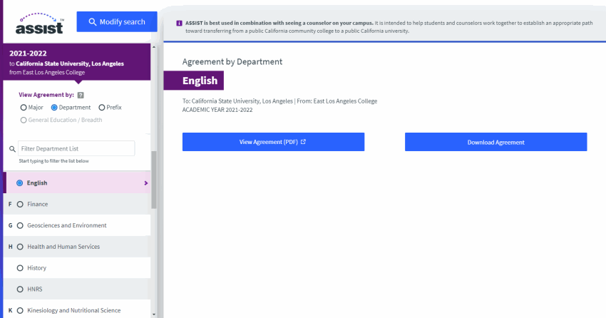 Viewing matching courses report based on course department on Assist dot org