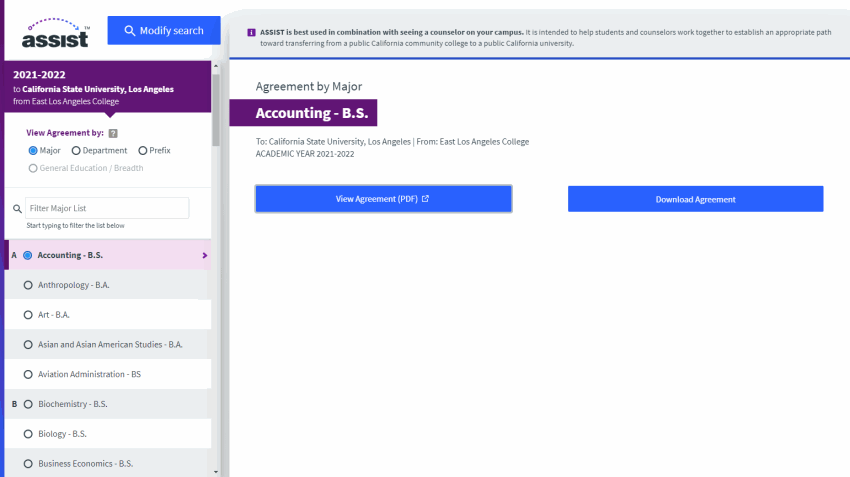 Viewing matching courses report based on major on Assist dot org