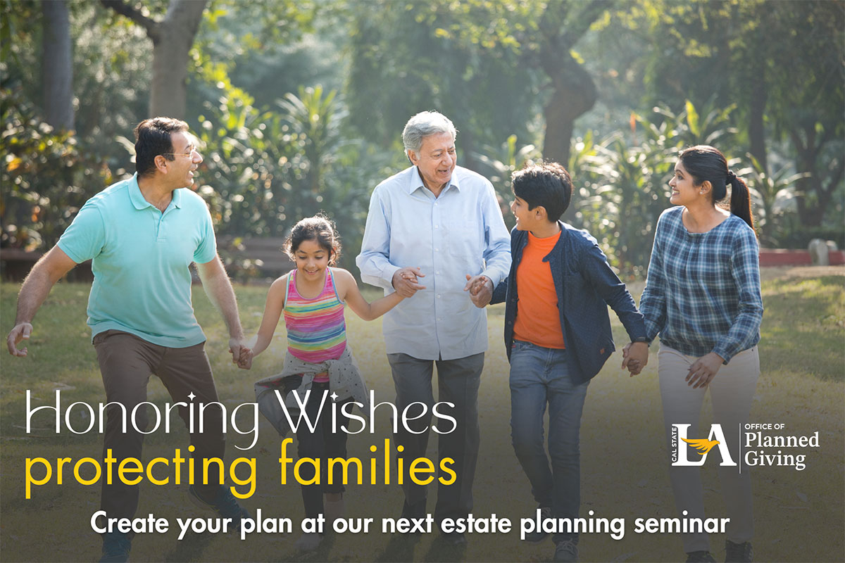 A multigenerational family holding hands and walking together in a sunny park, with overlaid text promoting an estate planning seminar.