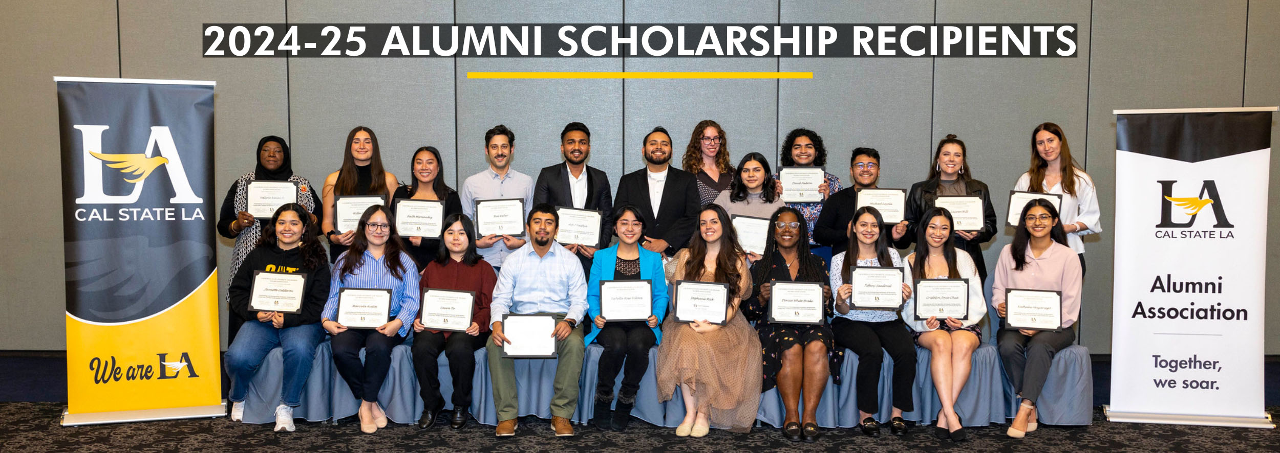 Group of 22 scholarship recipients smiling and posing with their certificates. Text reads 2024-25 Alumni scholarship recipients