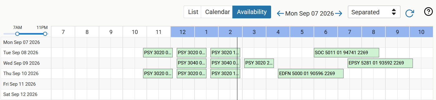 Availability View as per day displayed as Grid sorted by date of classroom usage per day with available spaces as records