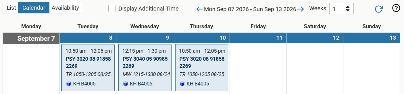Calendar View of classroom usage for the week