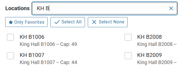 Locations text box Search sample "KH B" populated with classrooms beginning with "KH B"
