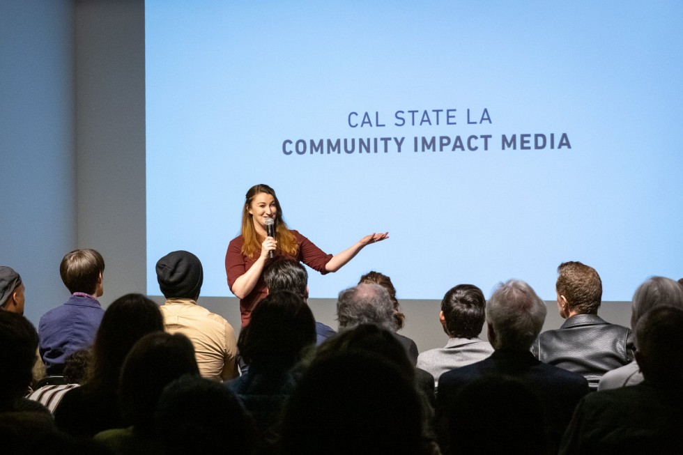 Photo: Assistant professor Heather Fipps welcoming the audience. (Sarah M. Golonka/Hauser+Wirth LA)