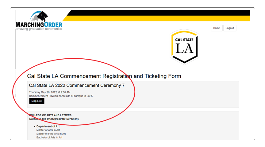 Screenshot of ceremony page in the MarchingOrder platform with a red circle around the ceremony information