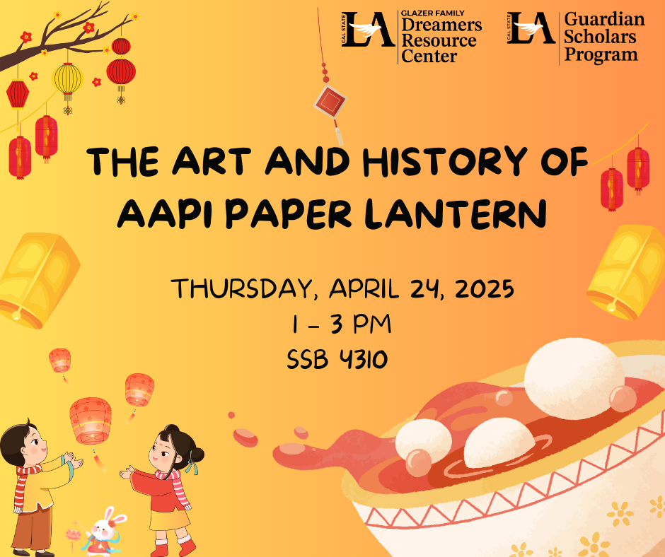 Peach and yellow background with images of paper lanterns and two children floating up a lantern. Title states "The Art and History of AAPI Paper Lantern"