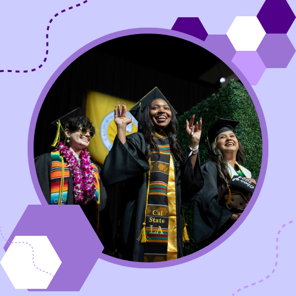 Three graduates smiling besides each other with the one in the middle waving with both hands