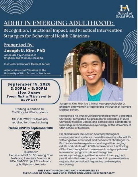 cream and blue flyer with photo of speaker providing informative details about the event.