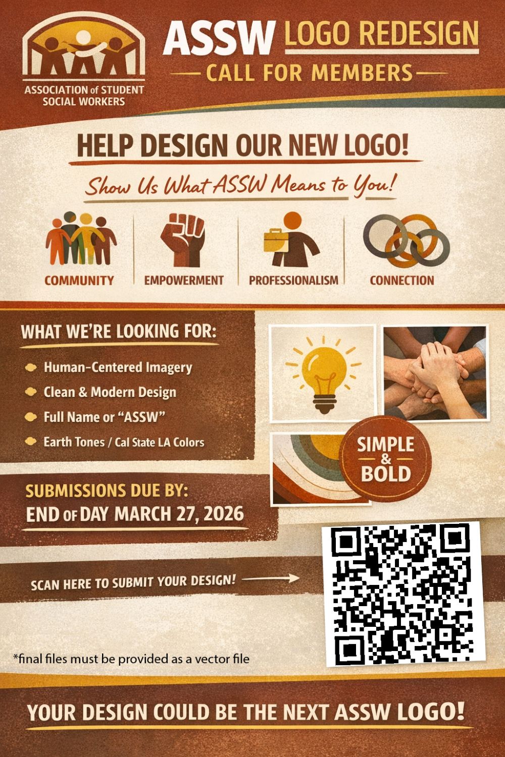 An earthy red-brown, beige flyer explaining the new ASSW Logo redesign requirements.