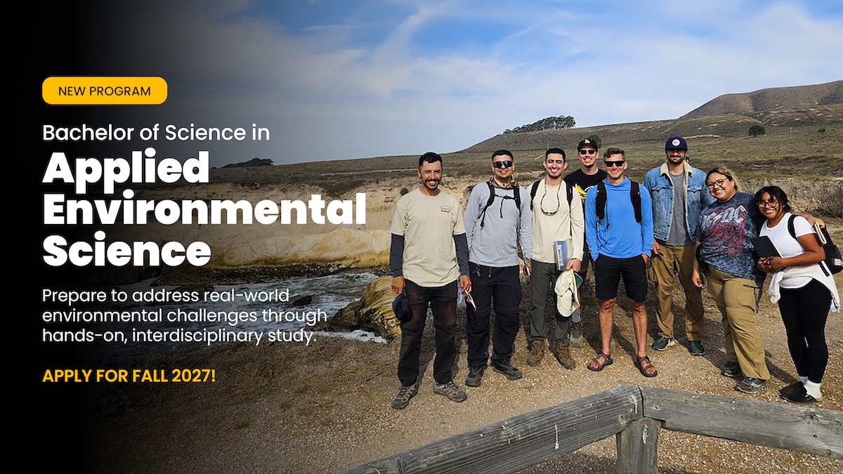 Students in the Applied Environmental Science program pose during a field experience along a coastal landscape. Text promotes the new Bachelor of Science in Applied Environmental Science launching in fall 2027.