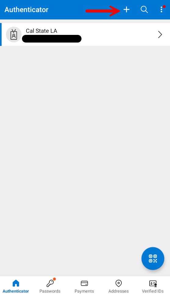MS Authenticator Home Page Add Account