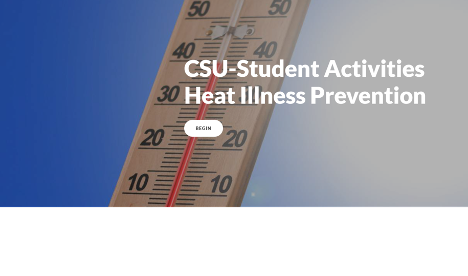 Thermometer with high temperature reading next to the title ‘CSU–Student Activities Heat Illness Prevention.
