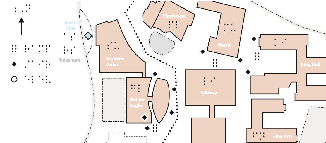 Cal State LA Braille Tactile Campus Map showing Northwest quadrant of campus with Student Union